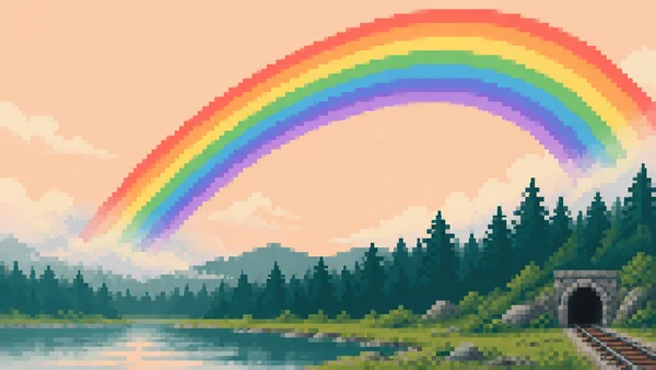 A large red-through-violet rainbow arches across a pale peach sky above dark teal evergreen forest and distant hills.