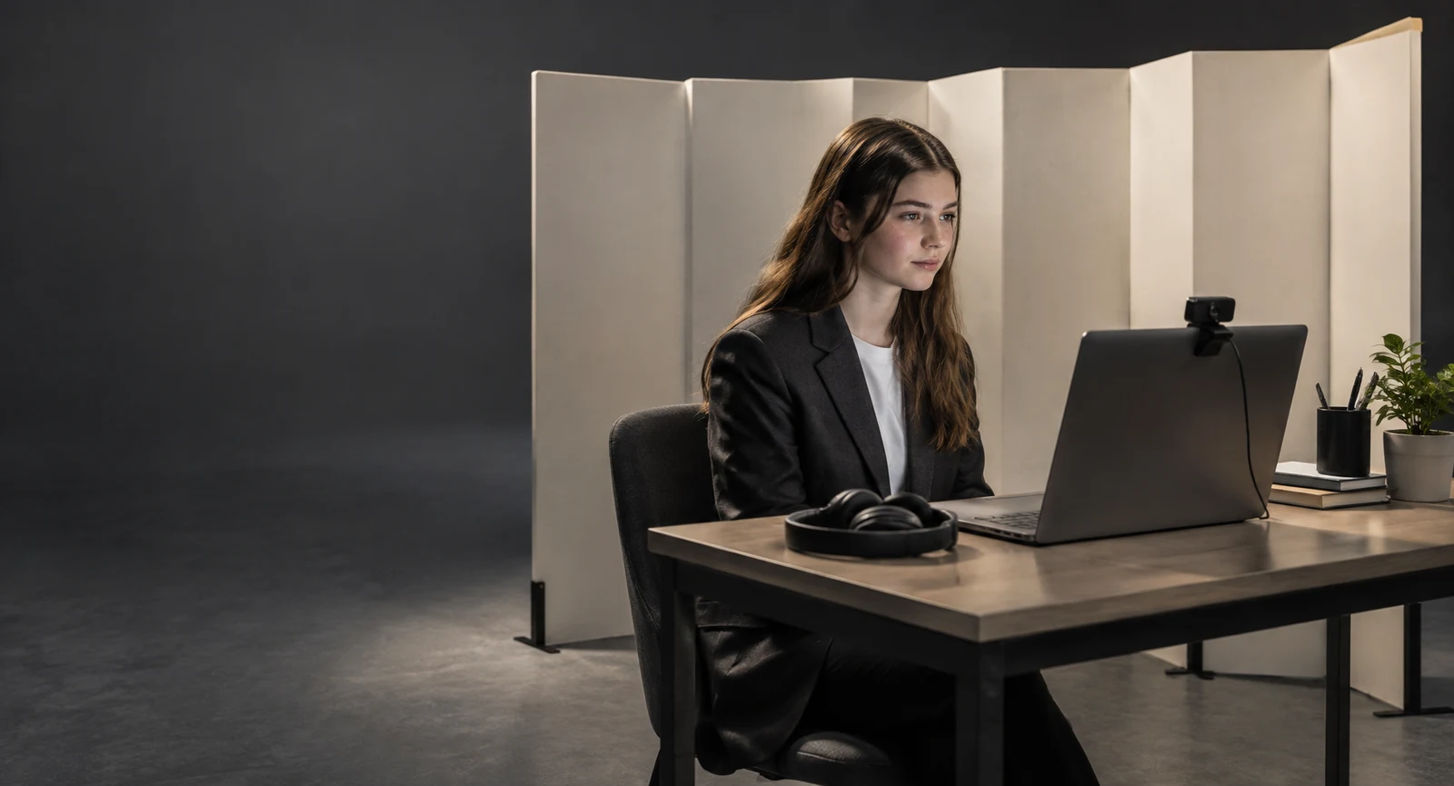 A young woman in a charcoal blazer sits at a desk looking toward an open laptop with a webcam attached; a headset rests on the desk, with a folded ivory screen…