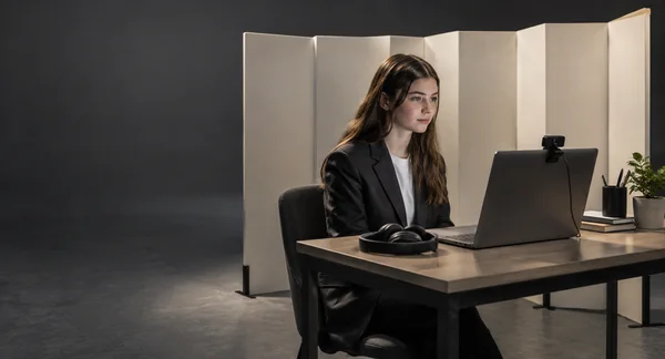 A young woman in a charcoal blazer sits at a desk looking toward an open laptop with a webcam attached; a headset rests on the desk, with a folded ivory screen…