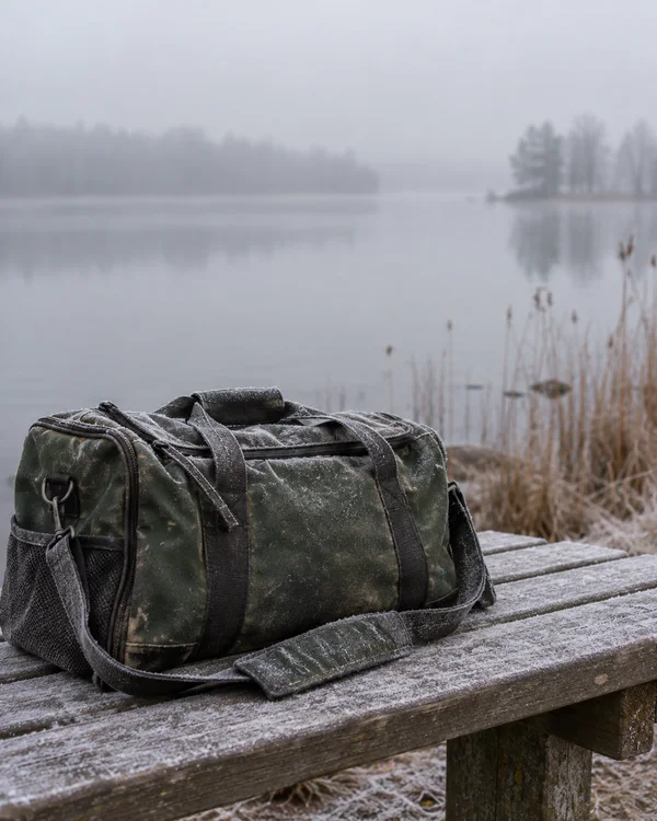 A frost-speckled dark green sports bag rests on a weathered wooden bench beside a still lake, with bare reeds and a misty, tree-lined shore in the background.