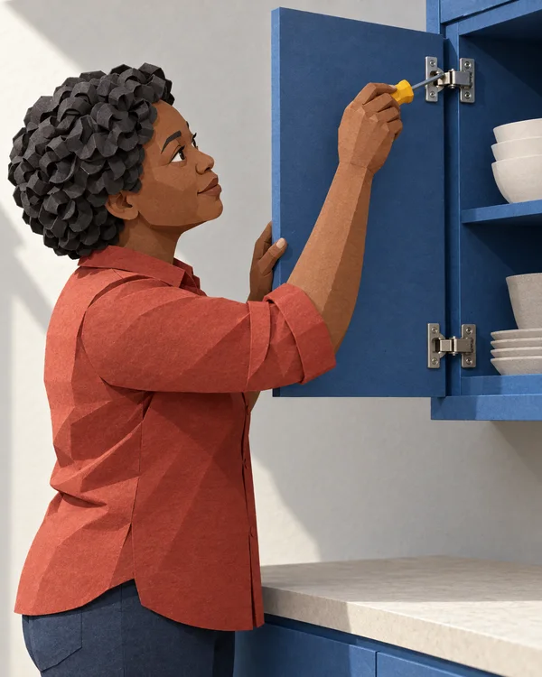 A woman in a rust-red shirt reaches up to a cobalt-blue open kitchen cupboard, holding a yellow-handled screwdriver against the upper hinge while steadying the…