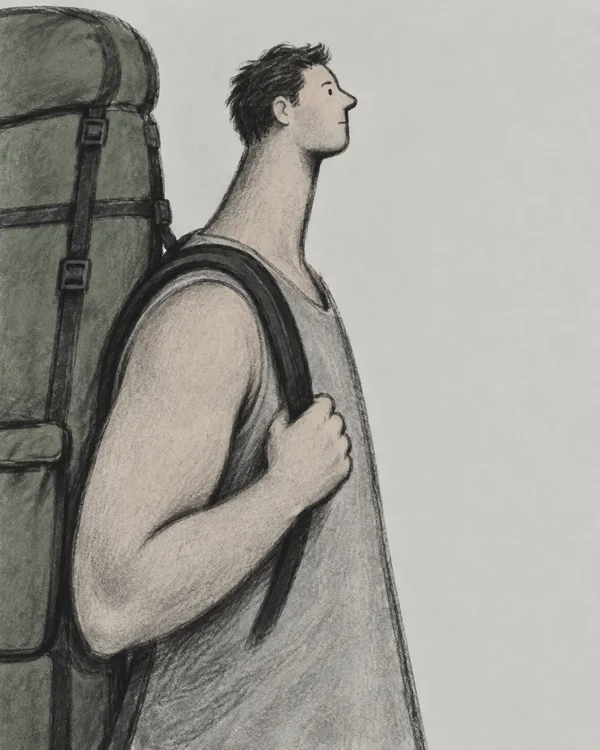 A charcoal-style illustration of a right-facing backpacker with a long neck, sleeveless grey shirt and tall green pack, holding one shoulder strap against a…