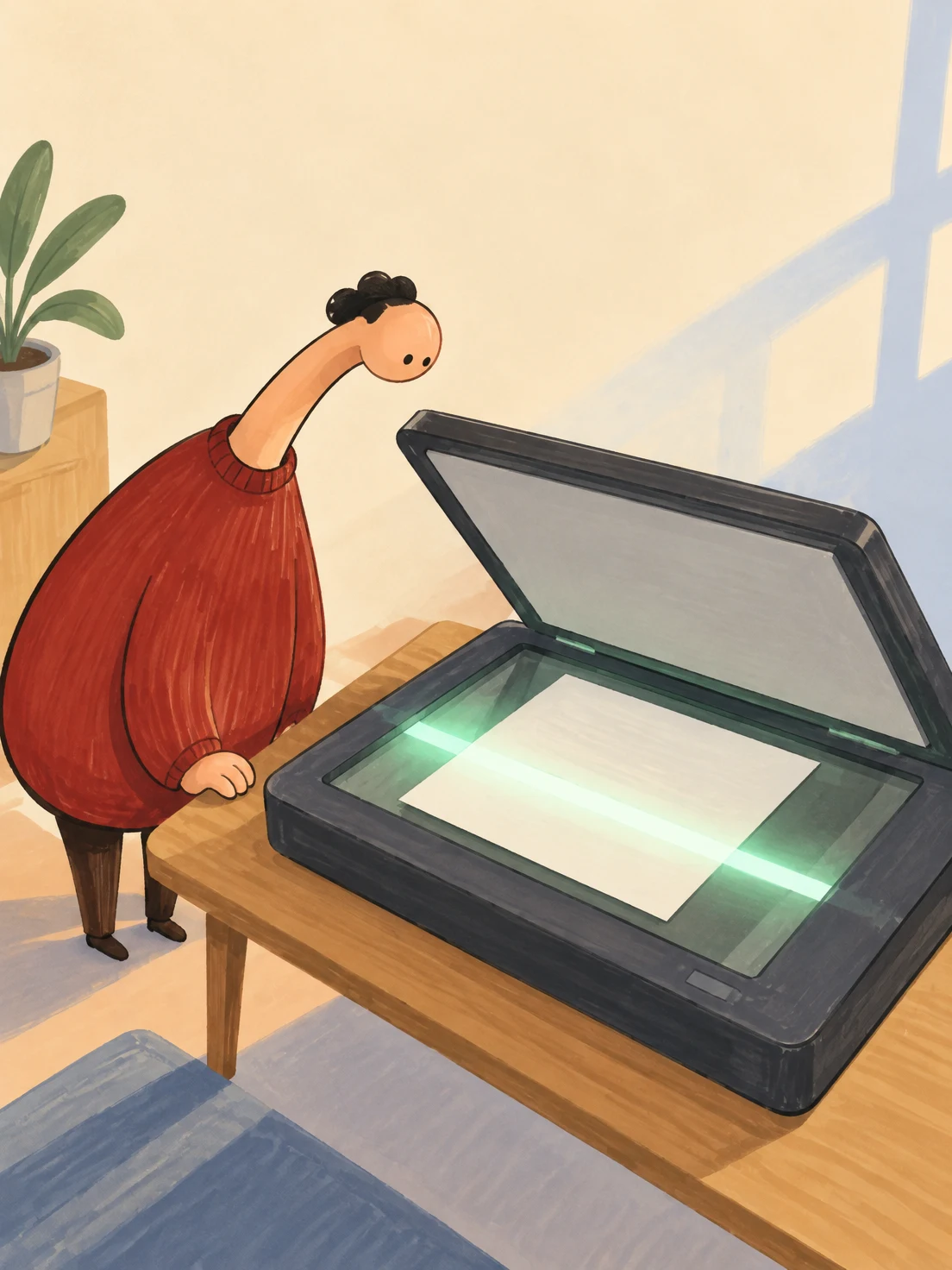 A long-necked character in a crimson sweater leans over a large flatbed scanner with its lid raised; a blank sheet sits on the glass beneath a glowing mint…