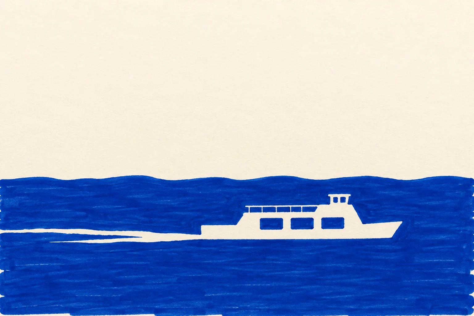 A right-facing ivory ferry with a long shallow hull, raised passenger deck and small wheelhouse crosses a broad cobalt-blue band of water, leaving a narrow…