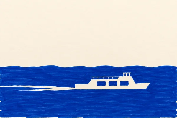 A right-facing ivory ferry with a long shallow hull, raised passenger deck and small wheelhouse crosses a broad cobalt-blue band of water, leaving a narrow…