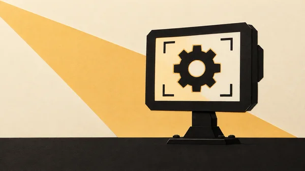 A black cut-paper industrial monitor on an angular pedestal stands right of center, displaying a cog silhouette outlined in amber and framed by four corner…