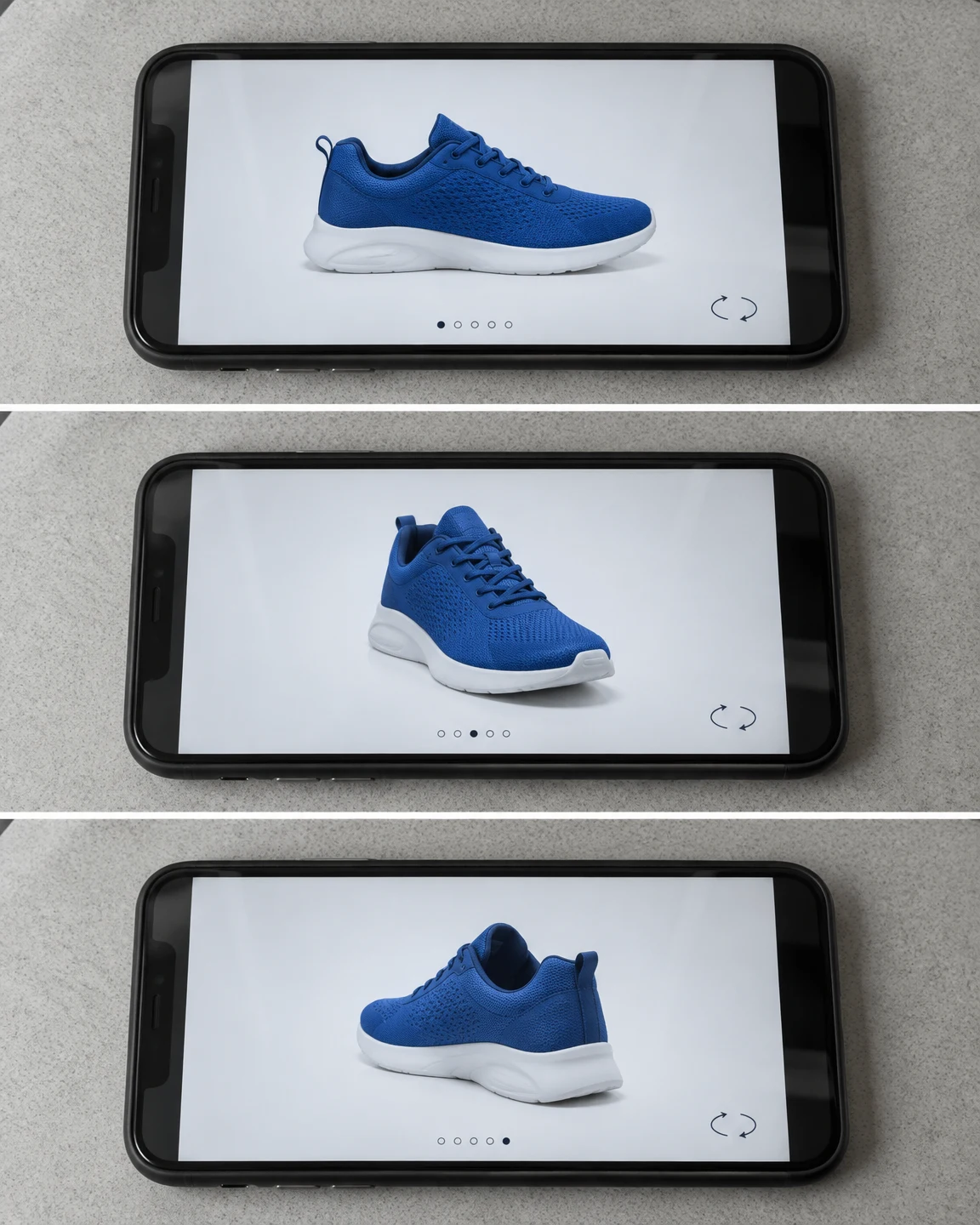 Three horizontal panels show the same black smartphone lying on a pale grey textured desk.