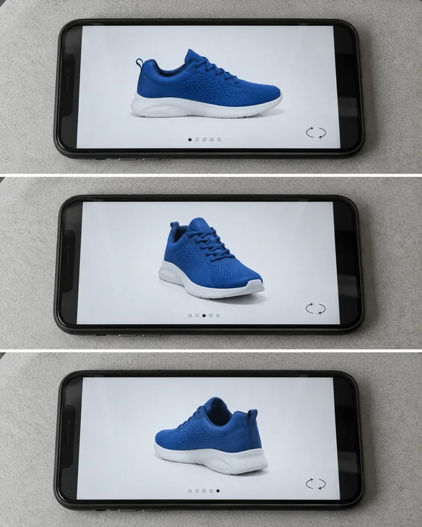 Three horizontal panels show the same black smartphone lying on a pale grey textured desk.