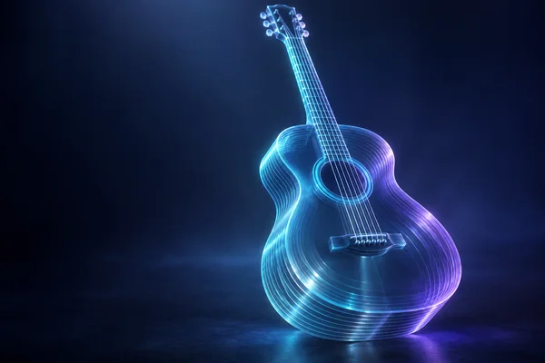 A translucent acoustic guitar made of glowing cyan and violet contour layers stands against a deep navy background, with its body at lower right and neck…