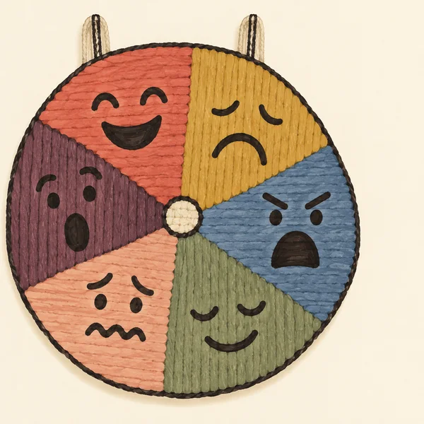 A circular, six-section textile hanging with dark-outlined expressive faces in coral, ochre, dusty blue, plum, peach and sage, suspended by two fabric loops…