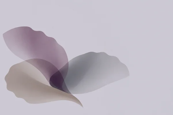 Three translucent plum, smoke-grey and taupe fan-like forms overlap near the lower-left centre of a pale lavender-grey field, leaving broad empty space above…