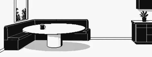 A black L-shaped banquette surrounds a broad white oval table with a single dark mug in a mostly white kitchen nook; a narrow window is behind the bench, and a…