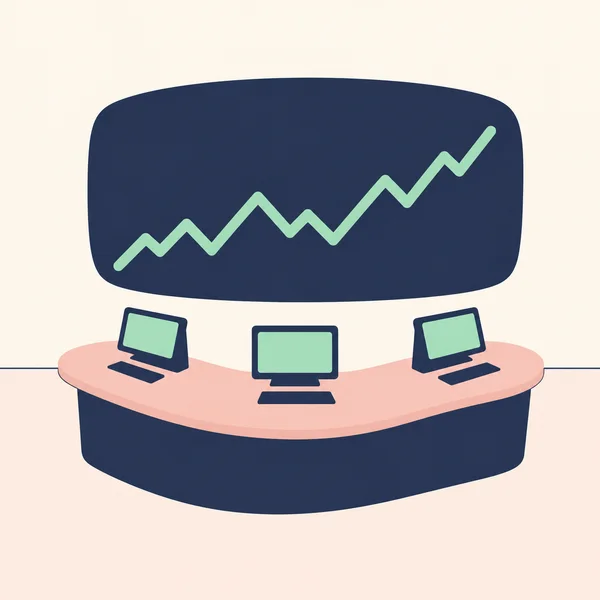 A stylized trading workstation with a broad blush-pink desk on a deep-indigo base, three mint-screen terminals, and a large indigo wall display showing a…