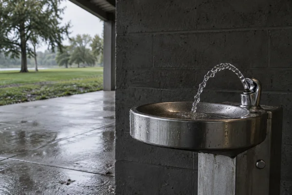 A stainless-steel public drinking fountain stands beside a wet park shelter, with a clear stream arcing from the bubbler into the basin.