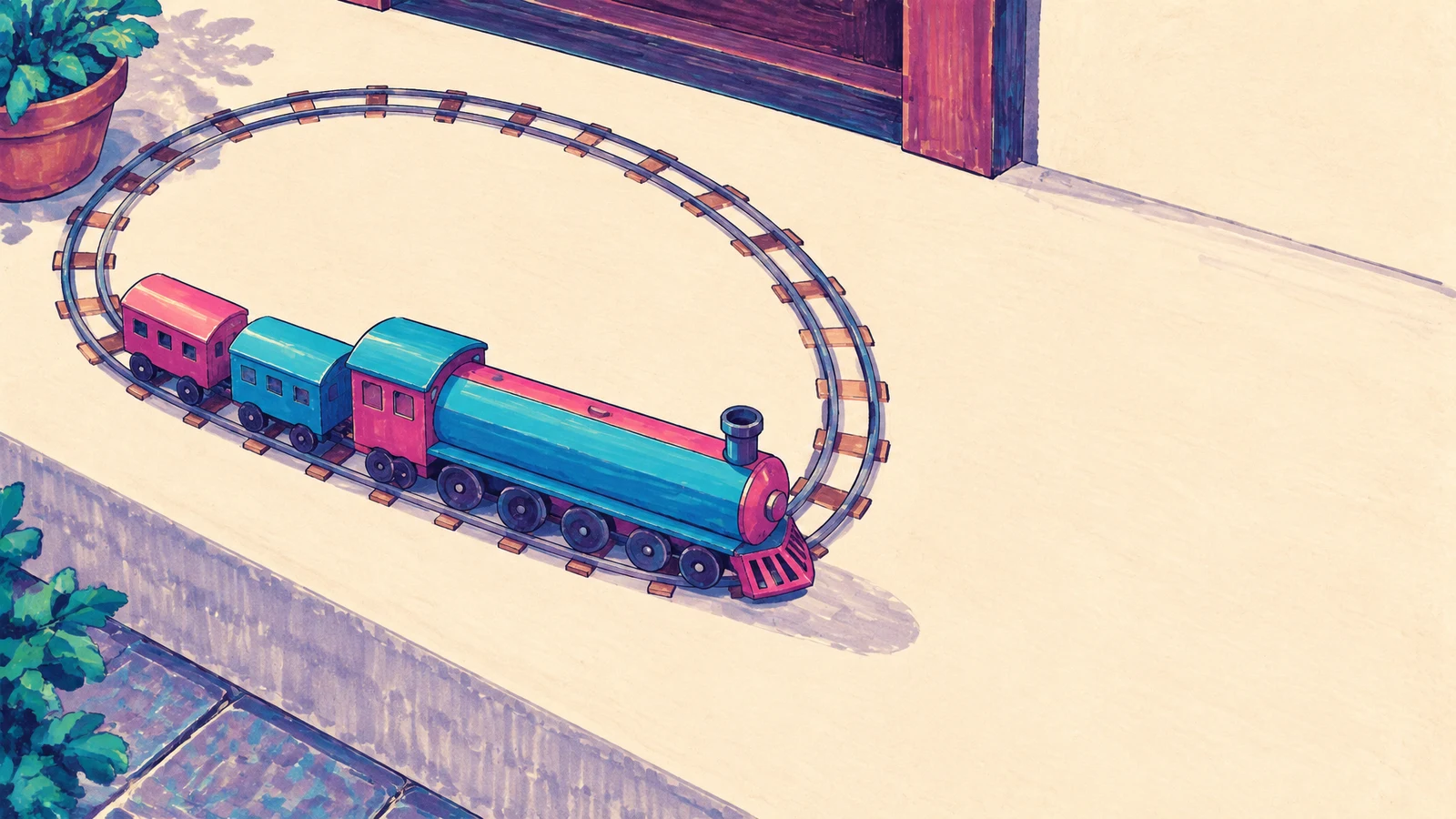 A brightly coloured toy locomotive with two small carriages sits on an oval railway track across a pale doorstep, with a doorway and leafy potted plants at the…