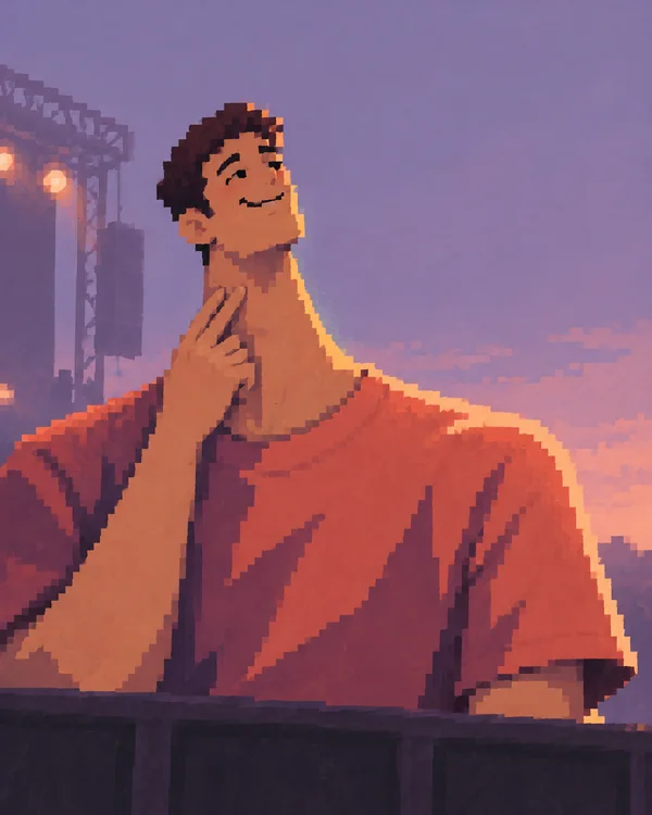 A pixel-style editorial illustration of a smiling person in a coral shirt, leaning back with one hand against their neck behind a dark barrier; stage lights…