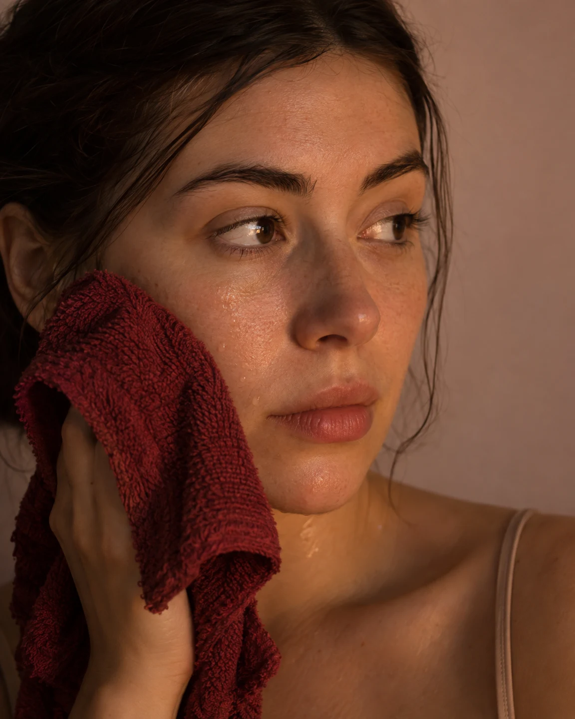 A dark-haired adult holds a deep red washcloth against one cheek in a close portrait, looking to the side against a pale blush backdrop.