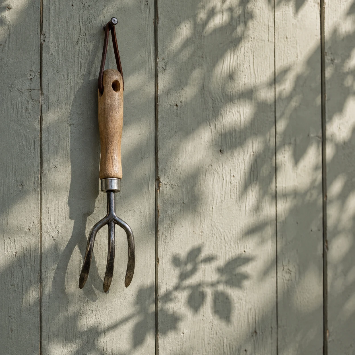 A small three-tined steel hand rake hangs by a dark-brown leather loop from a nail on a weathered pale grey-green timber wall.