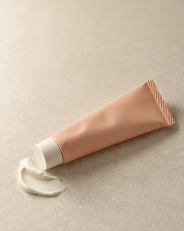 An unbranded muted-peach squeeze tube with an ivory cap lies diagonally on a warm, textured ivory surface beside a swipe of off-white cream.