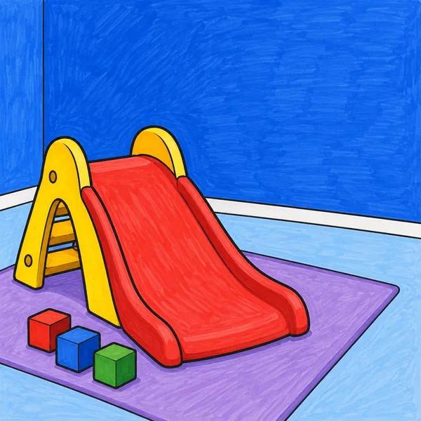 A wide red indoor slide with yellow side supports and small steps sits on a lavender play mat in a blue-walled room, beside three colorful building blocks.