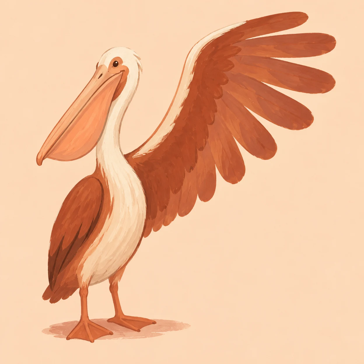 A terracotta-and-cream pelican stands on webbed feet against a pale peach background, raising a large fan-shaped wing toward the upper right; a ground shadow…