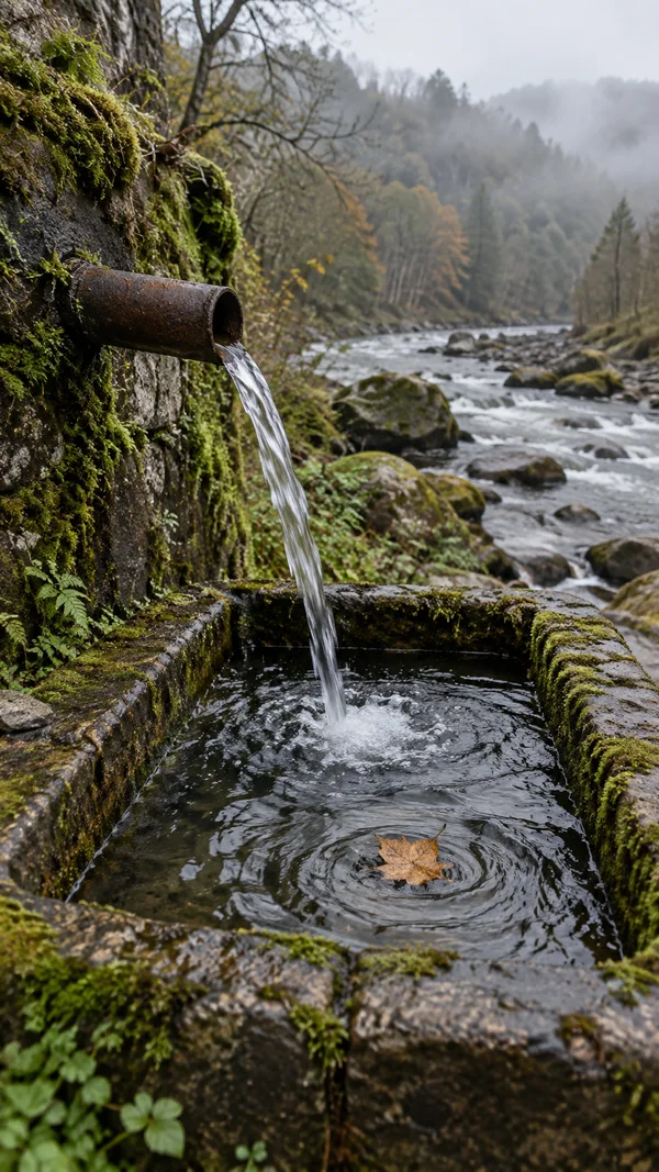 A rusted iron pipe pours water into a moss-covered stone trough on a riverbank, with a golden-brown leaf circling in the water and a rocky river fading into…