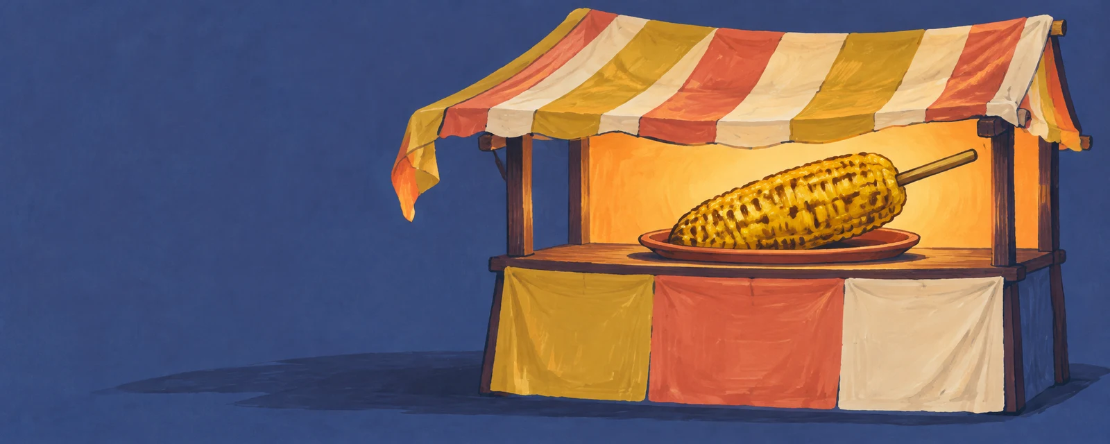 A striped mustard, coral and cream roasted-corn stall stands on the right against a dusty-indigo background, with a large golden corn skewer on a terracotta…