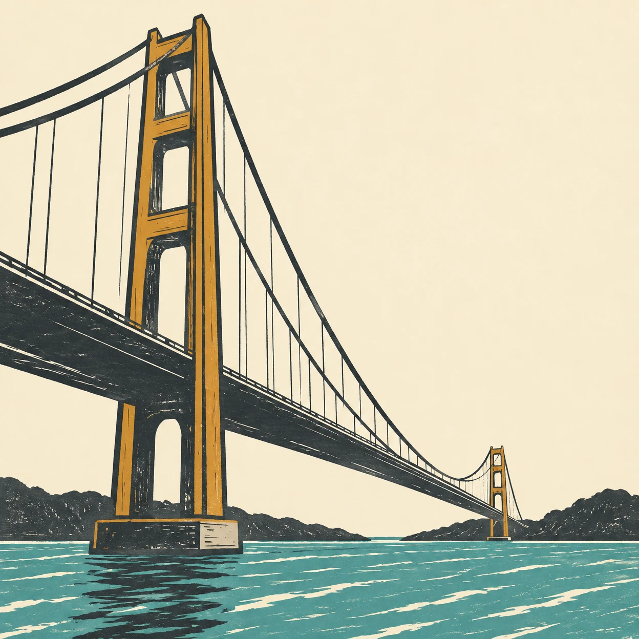 A large ochre suspension bridge tower rises from the water at left, with a dark deck receding toward a smaller tower at centre-right.