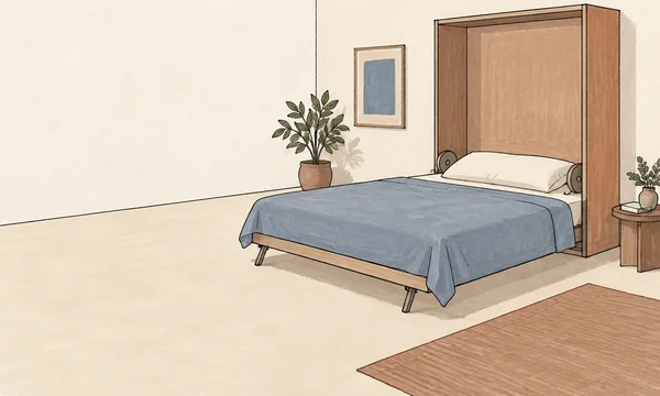A hand-drawn bedroom illustration shows a low bed folded down from a tall wooden wall cabinet, with a dusty-blue blanket, a large pillow and visible pivot…