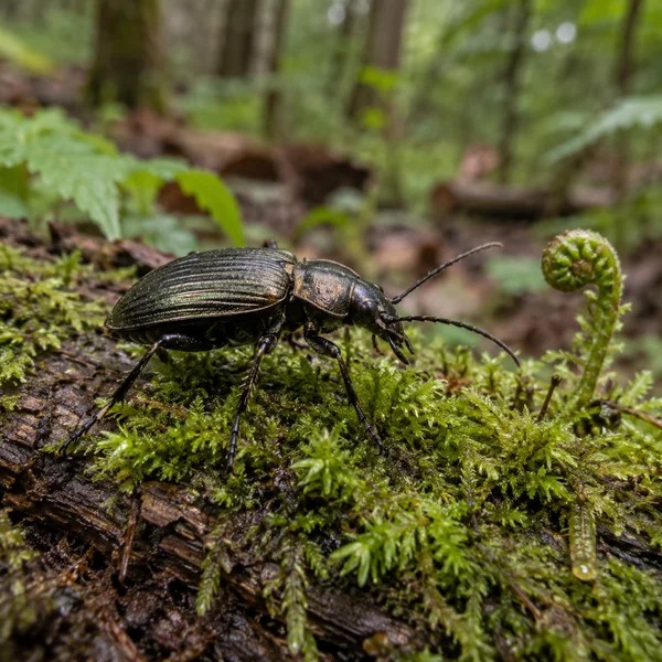 A glossy dark bronze-black ground beetle with ridged wing cases walks across a moss-covered fallen log, beside a curled green fern fiddlehead in a softly…
