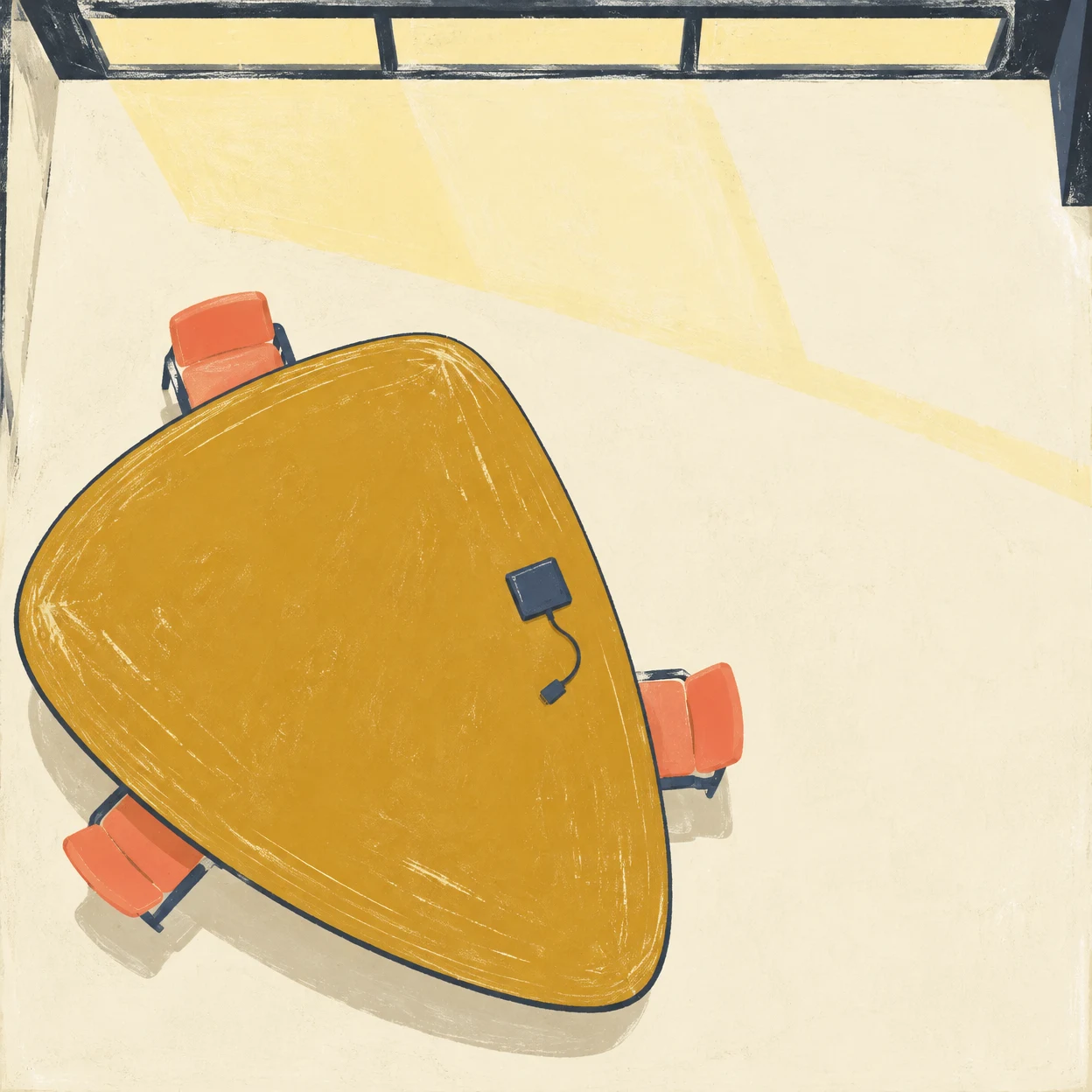Top-down illustration of an empty cream meeting room with an oversized ochre rounded-triangular table in the lower left, three small coral chairs, and a navy…
