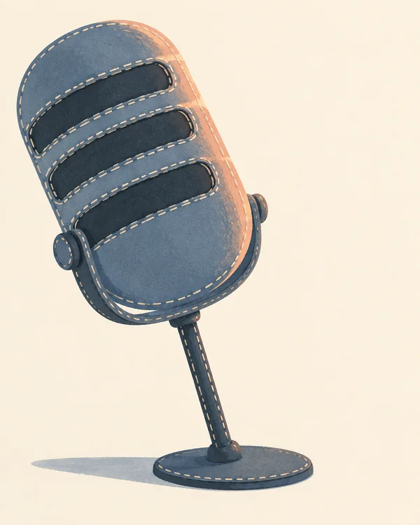 A large slate-blue tabletop microphone tilts toward the upper left, with three dark curved grille bands, a narrow slanted stem and a flattened oval base on a…