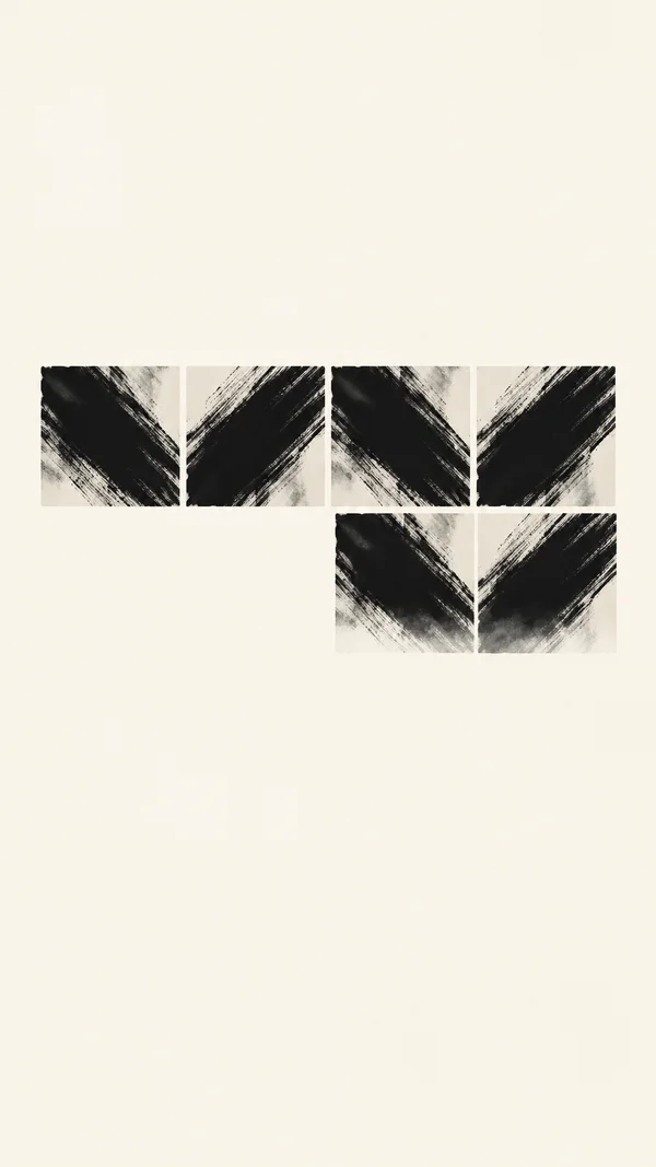 Six square panels form a stepped arrangement on a warm ivory ground, each filled with a broad black diagonal brush mark; generous blank space surrounds the…