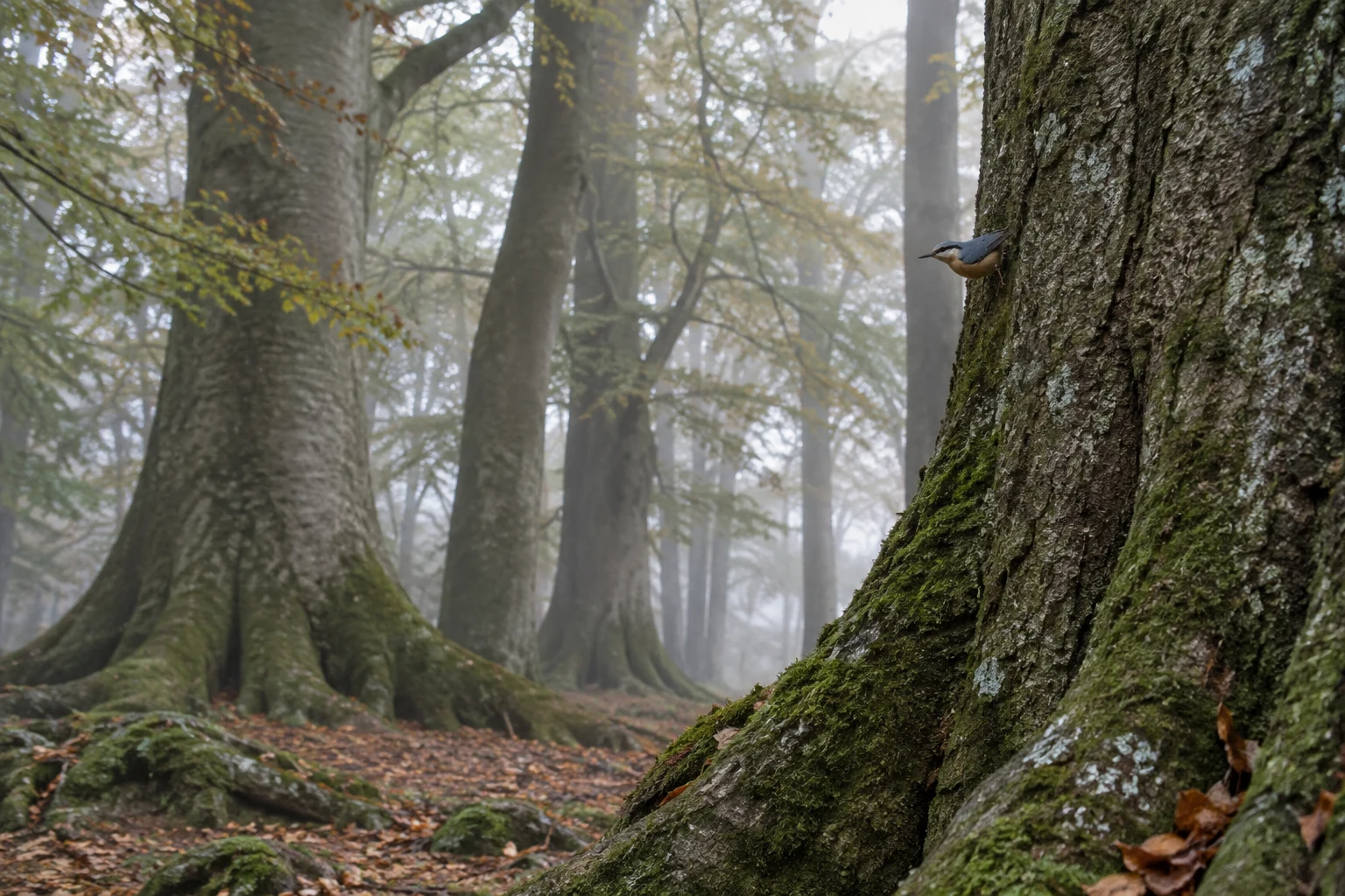 A small blue-and-buff nuthatch clings to the moss-streaked bark of a huge beech trunk in a misty forest of receding trees.