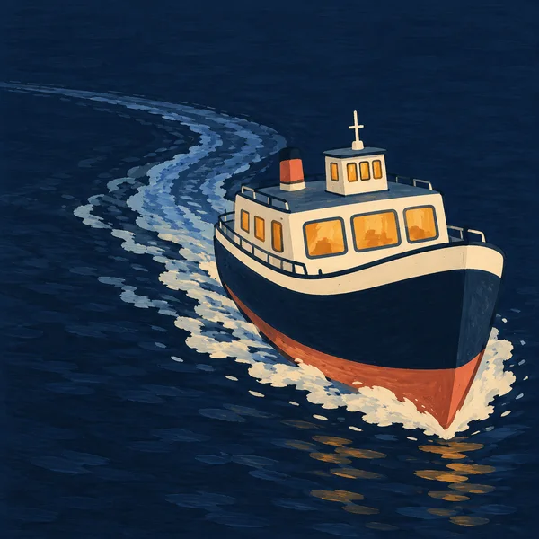 A cream-and-navy passenger ferry with glowing amber windows moves across dark water at night, viewed from above at the front three-quarter angle.