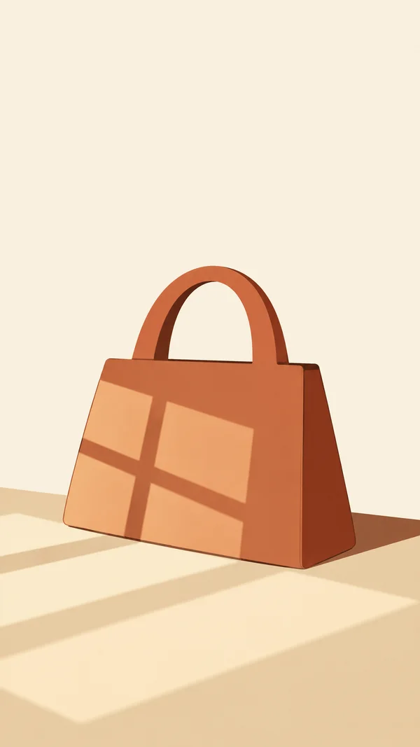 A terracotta trapezoid handbag with a thick open semicircular handle and dark side panel sits against a warm ivory background.