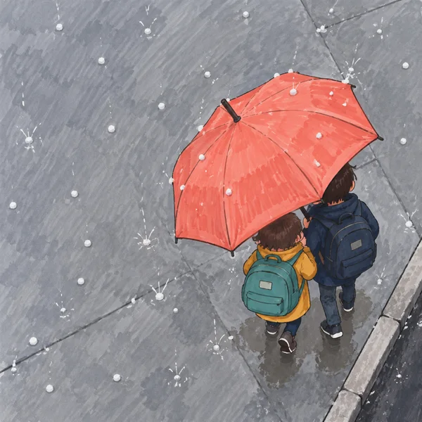 An older child in a navy coat and a younger child in a mustard coat walk beneath a broad coral umbrella on a grey sidewalk, with teal and navy backpacks and…