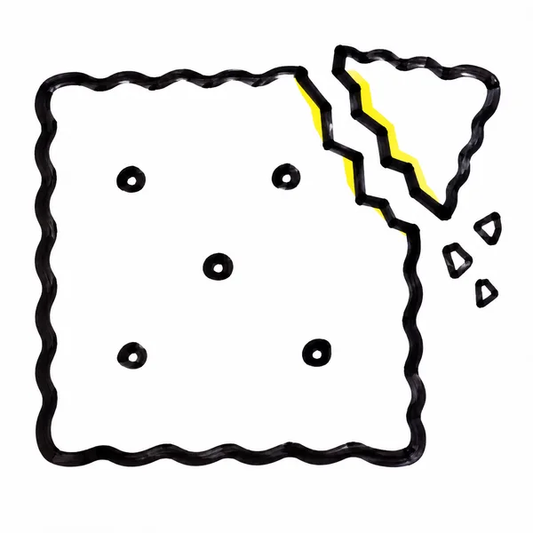 A large white rectangular cracker with scalloped, black marker outlines and five round holes fills most of the frame.