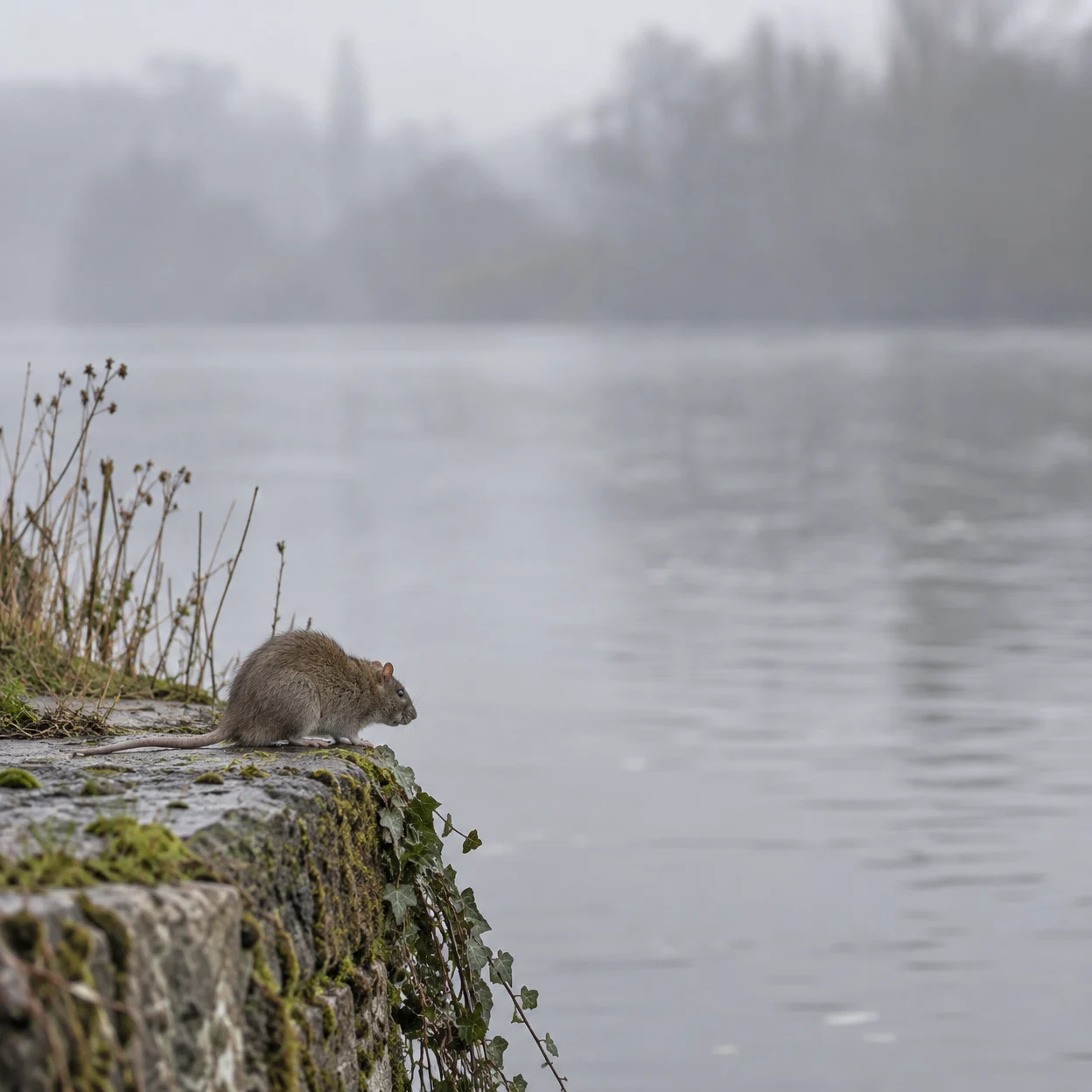 A brown rat stands in side profile on a moss-covered stone river edge, its bare pink tail resting behind it; dry reed stems rise nearby, ivy trails over the…