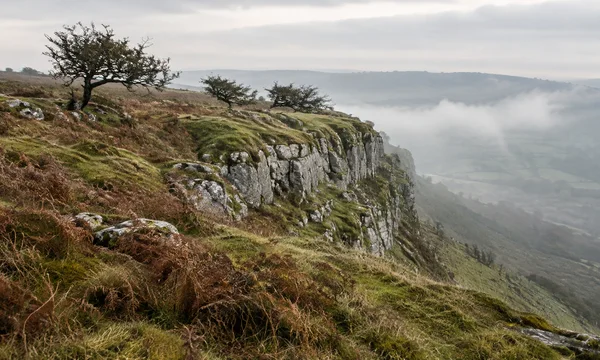 A rocky upland escarpment with rough green turf and rust-brown bracken in the foreground, wind-shaped hawthorns along the rim, and mist drifting over a hazy…