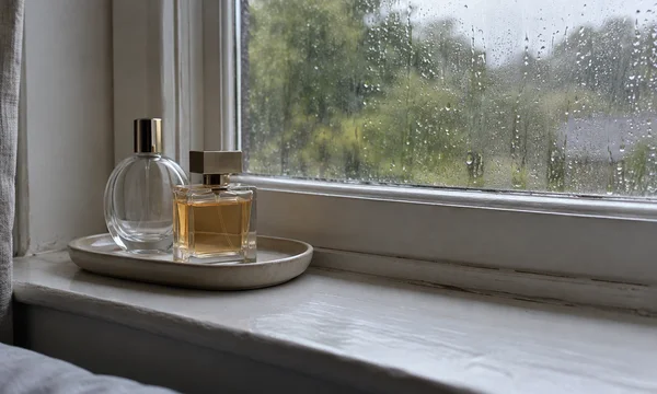 Two capped, unlabelled glass perfume bottles sit on a shallow ivory tray on a worn windowsill: a rounded empty bottle behind a rectangular bottle containing…