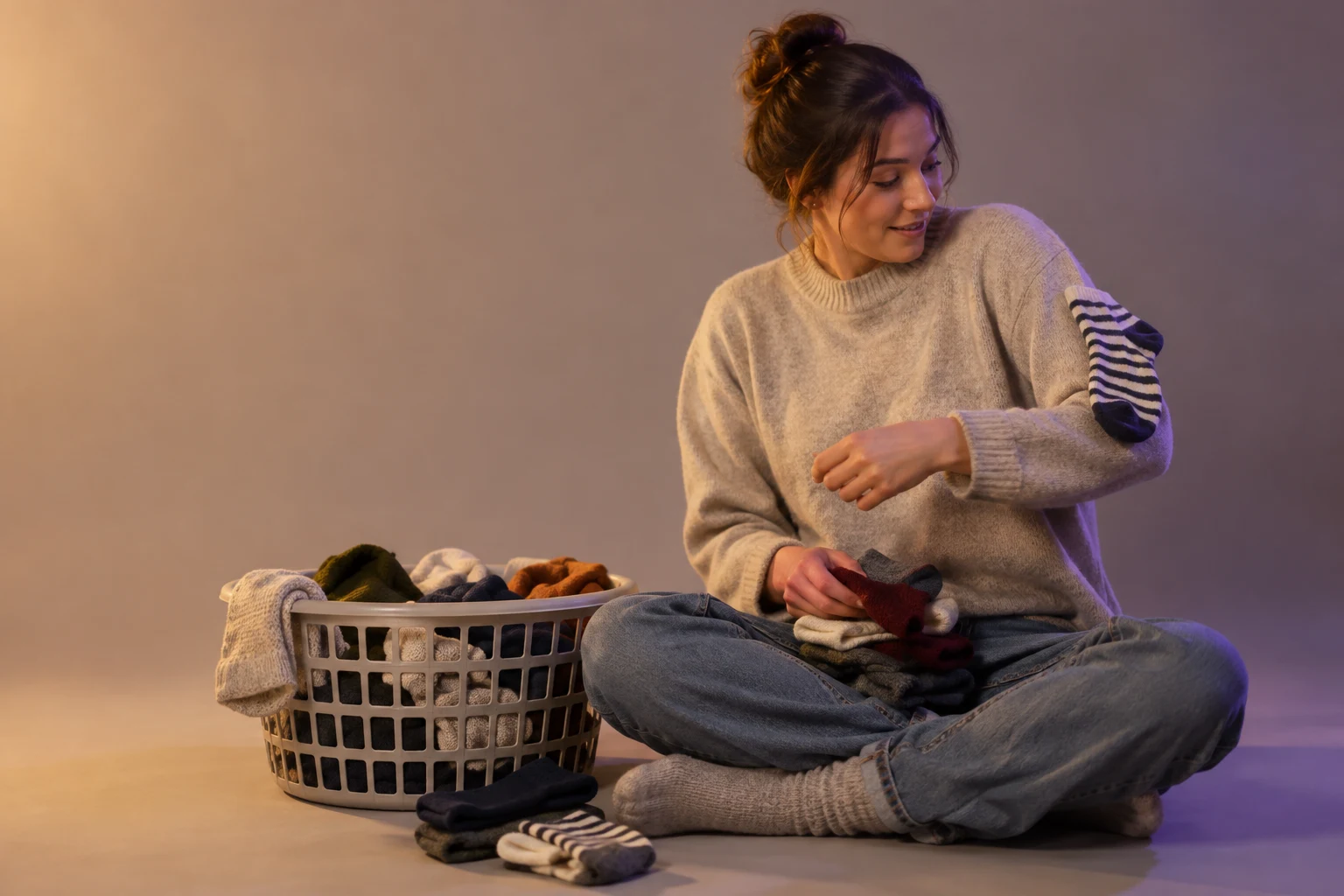 An adult in an oatmeal sweater sits cross-legged beside a laundry basket, sorting socks on their lap while looking at a striped sock caught on their sleeve.