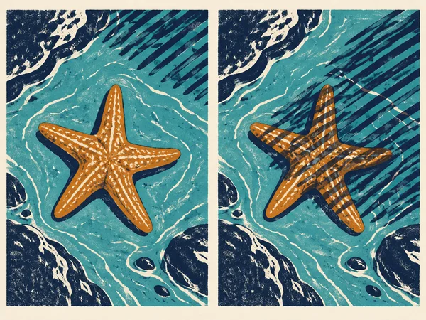 A two-panel linocut-style illustration shows an ochre five-armed starfish in turquoise water, with broad navy diagonal shadows approaching in the left panel…
