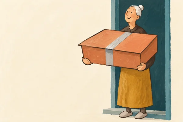 A smiling older person with a white hair bun stands in a teal doorway, holding a large coral-brown cardboard box with a silver-grey tape band.