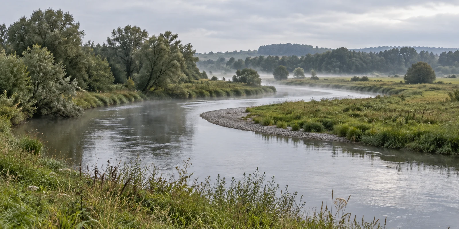A broad silver river curves through a green meadow, with a pale gravel bar, reed-fringed banks, scattered trees, and low mist beneath an overcast sky.