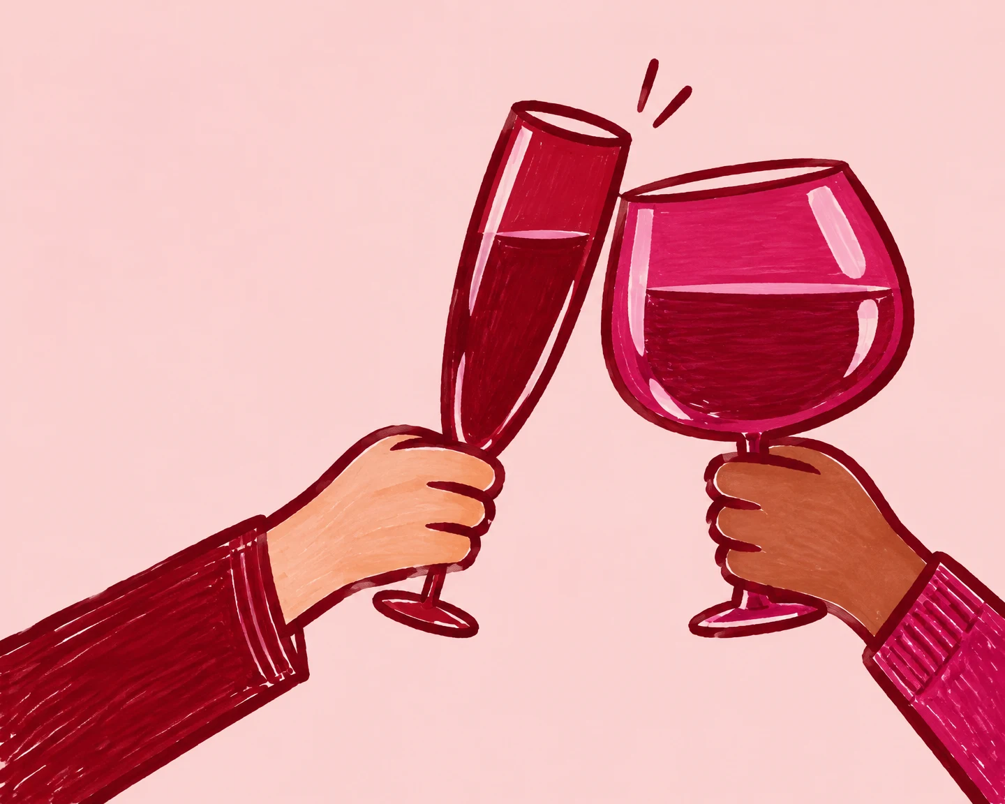 A pair of cropped forearms hold a tall crimson flute and a broad magenta goblet against a pale rose background, with two short strokes above the glasses.