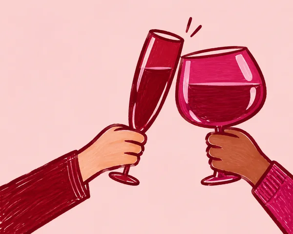 A pair of cropped forearms hold a tall crimson flute and a broad magenta goblet against a pale rose background, with two short strokes above the glasses.