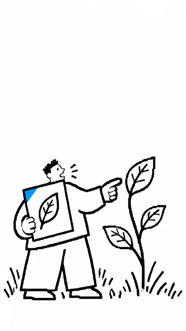 A black marker-style illustration shows a person holding a flashcard with a leaf pictogram and pointing to a leaf on a tall plant, with a few grass strokes…