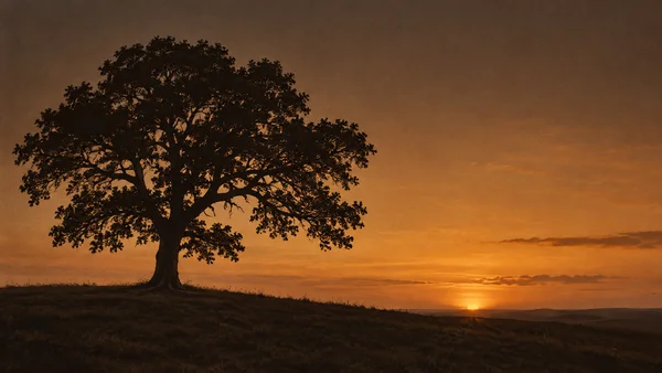 A broad oak in near-black silhouette stands on a grassy ridge at sunset, with a glowing amber sun near the horizon and distant low hills beneath a smoky brown…