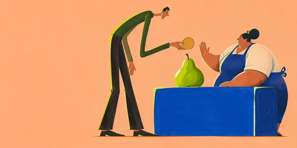 A very lanky shopper offers a large gold-colored coin across a cobalt-blue market counter while a broad seller raises an open hand; a bright green pear sits…
